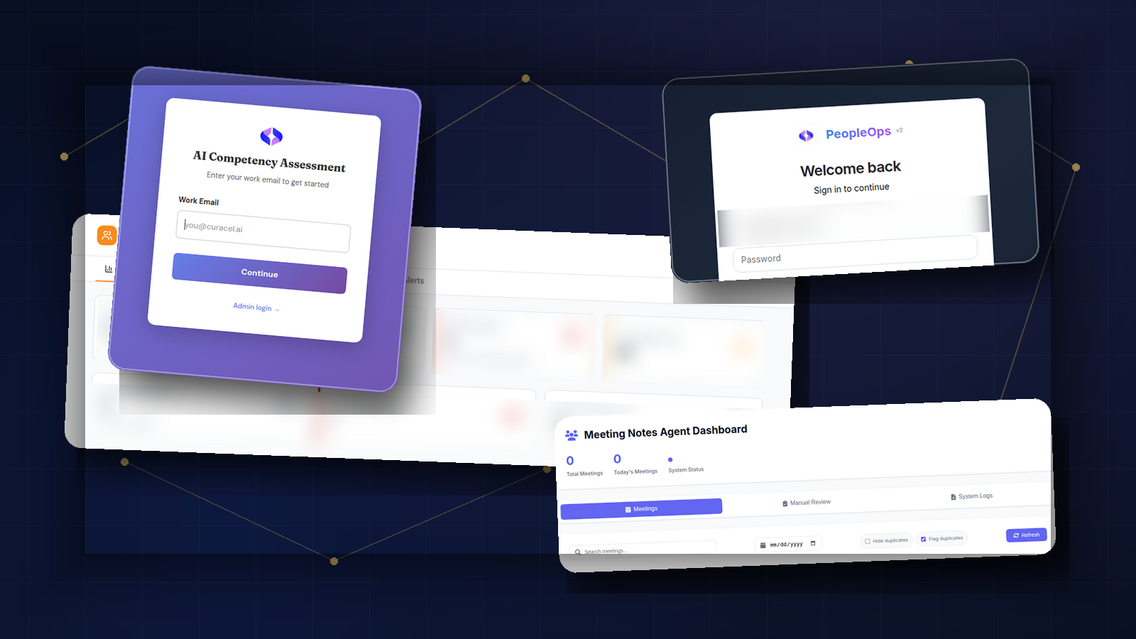 A collage of Curacel's AI Competency, Meeting Notes, PeopleOS and CS Pulse internal tools